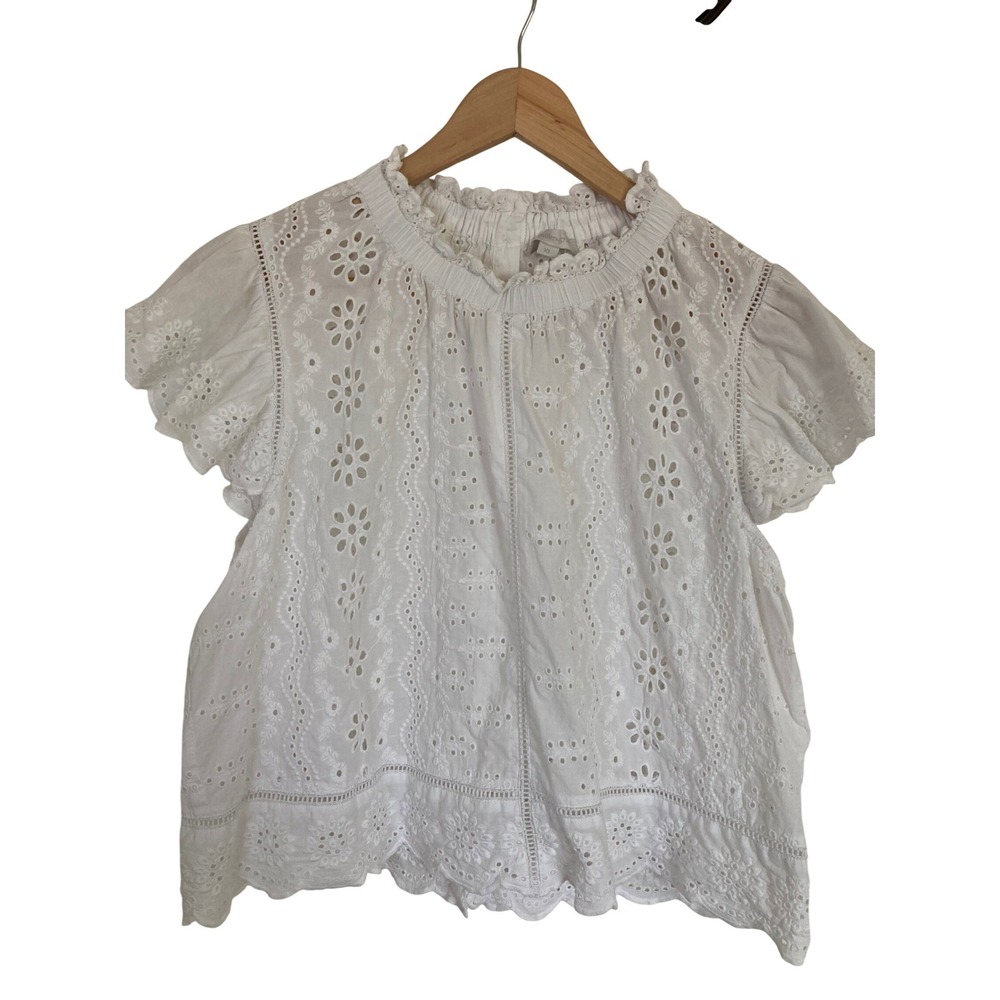 Jennifer Grace White Cotton Eyelet Lace Flutter Sleeve Ruffle Neck Blouse XL